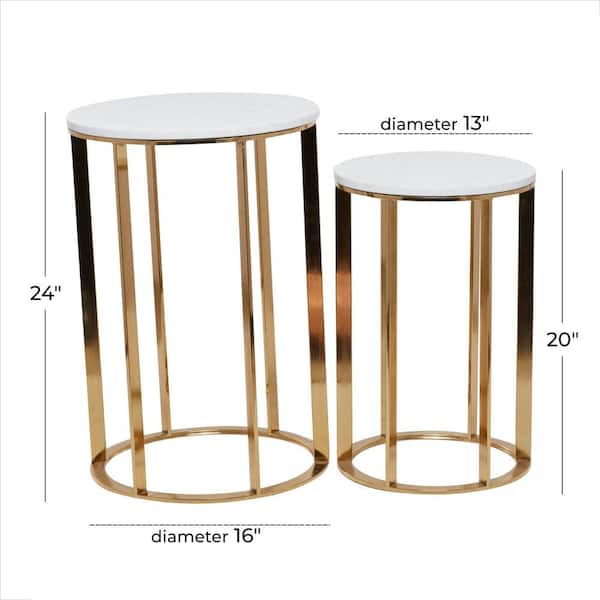 16 in. Gold Large Round Marble End Accent Table with Marble Top (2- Pieces)