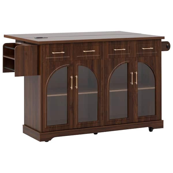 65" Kitchen Island with Storage & Drop Leaf, Rolling Island Cart on Wheels w/Power Outlet, 4 Drawers Island Table,Walnut