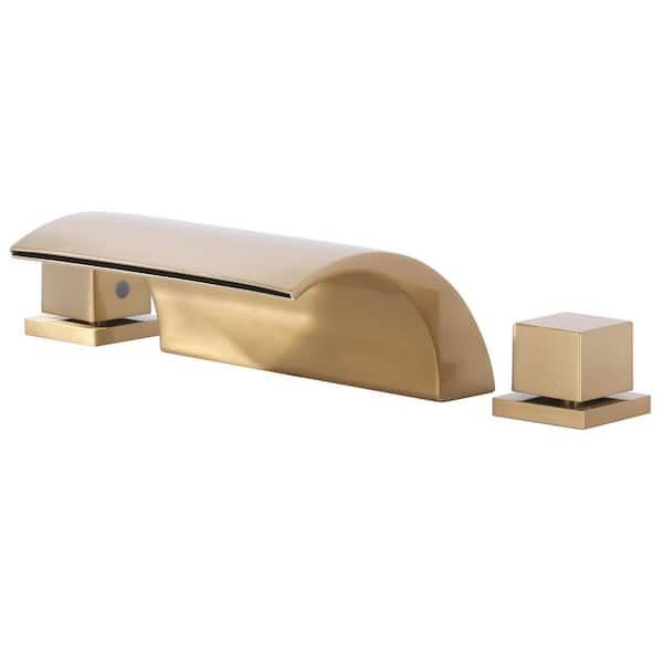 Double-Handle Tub Deck Mount Roman Tub Faucet Waterfall Bathtub Filler in Gold