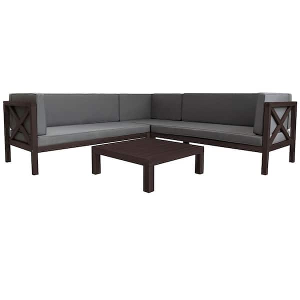 TIRAMISUBEST 4-Piece Wood Patio Conversation Sectional Seating Set Sofa Set with Gray Cushions