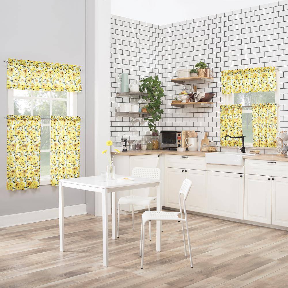 Yellow Sunflower Print Semi-Sheer Rod Pocket Kitchen Curtain Set