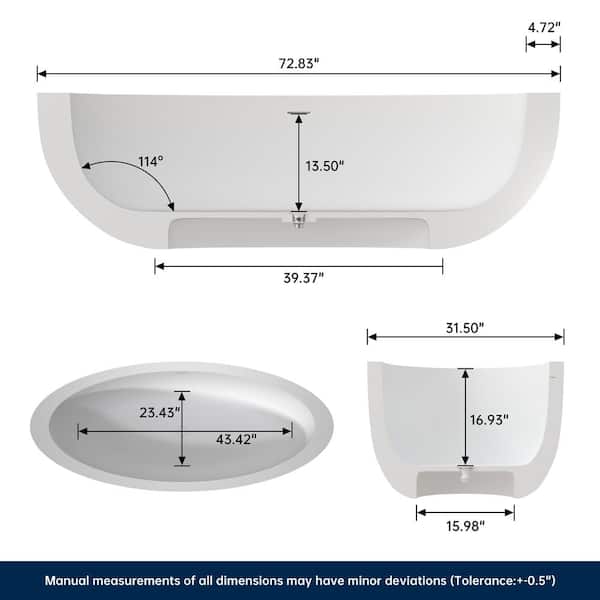 73 in. x 31.5 in. Stone Resin Solid Surface Flatbottom Freestanding Soaking Bathtub in White