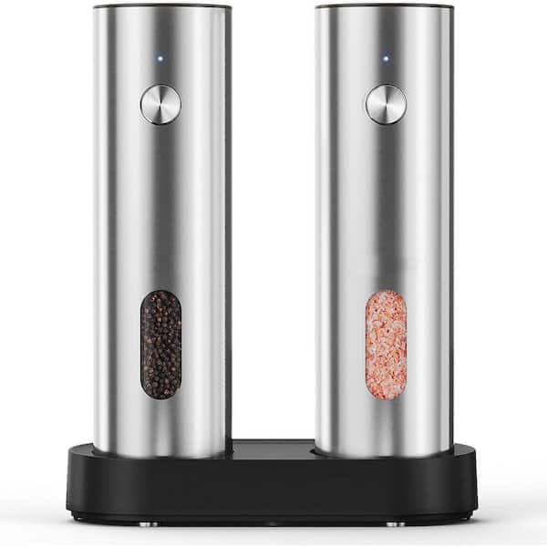 Electric Salt and Pepper Grinder Set Dual Charging Base Stainless Steel Adjustable Coarseness LED Light BBQ Kitchen