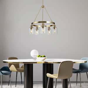 5-Light Modern Brass Gold Chandelier, Wagon Wheel Transitional Hanging Pendant with Clear Cylinder Glass Shade