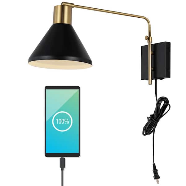 JONATHAN Y Max 20.5 in. Swing Arm 1-Light Black/Brass Gold Modern Midcentury Iron USB Charging Port LED Wall Sconce