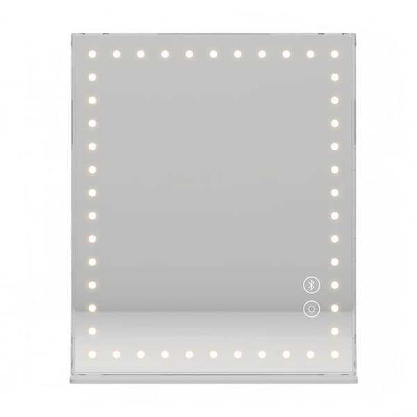12 in. W x 14 in. H Tabletop Rectangular Framed Bluetooth Speaker LED Music Makeup Mirror with 3-Color Lights, White
