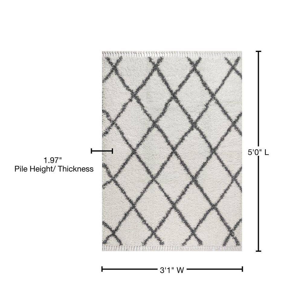 Reversible Moroccan Geometric Trellis Grey/Cream Shag Rug - 3x5 Feet