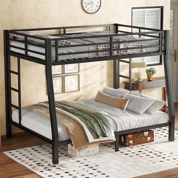 Black Metal Full XL Over Queen Bunk Bed with Space-Saving/Noise Reduced