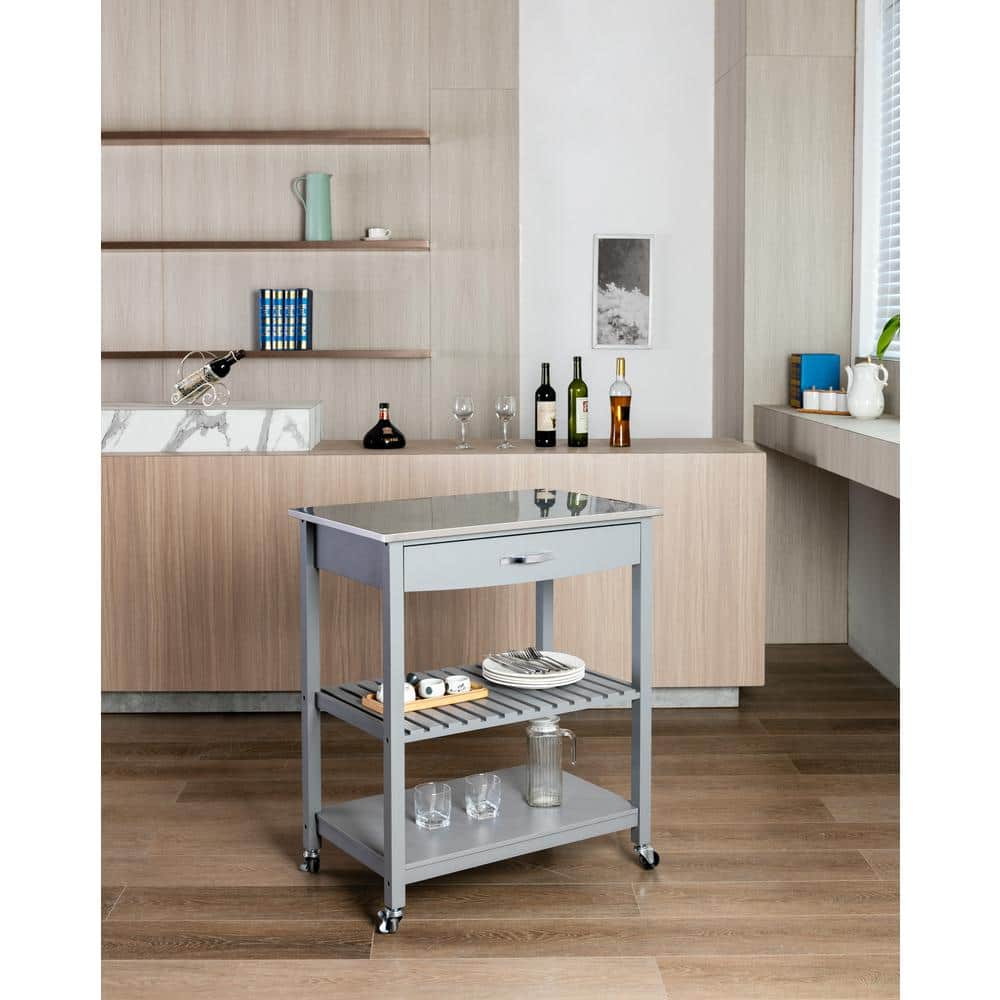 Gray Stainless Steel Top Kitchen Cart with Storage