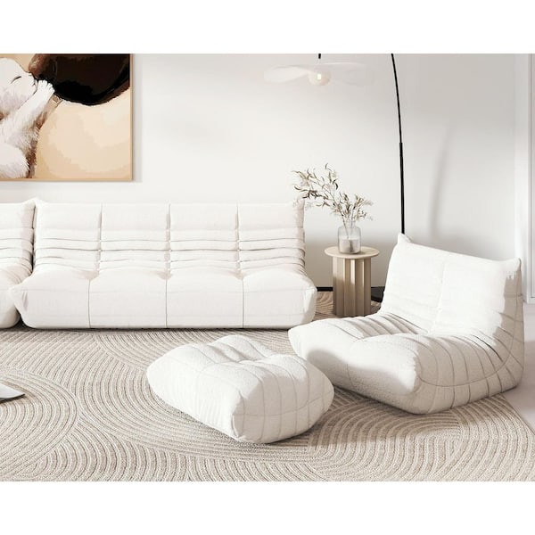 Set of 3 Beige Teddy Velvet Polyester Large (45-72 in.)Fireside Lazy Sofa Rebound Sponge Floor Couch with Chair, Ottoman