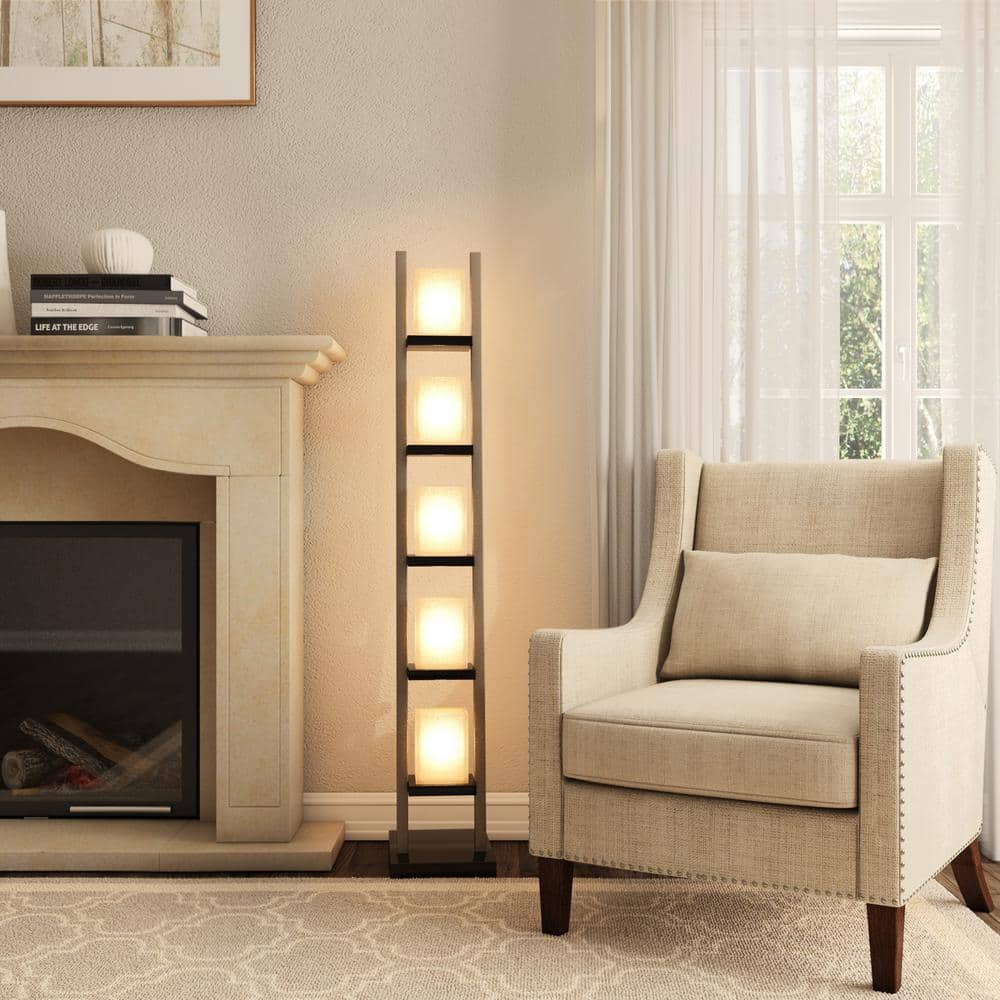 Escalier 5-Light Arc Floor Lamp in Espresso & Brushed Nickel with Off-White Glass Shades