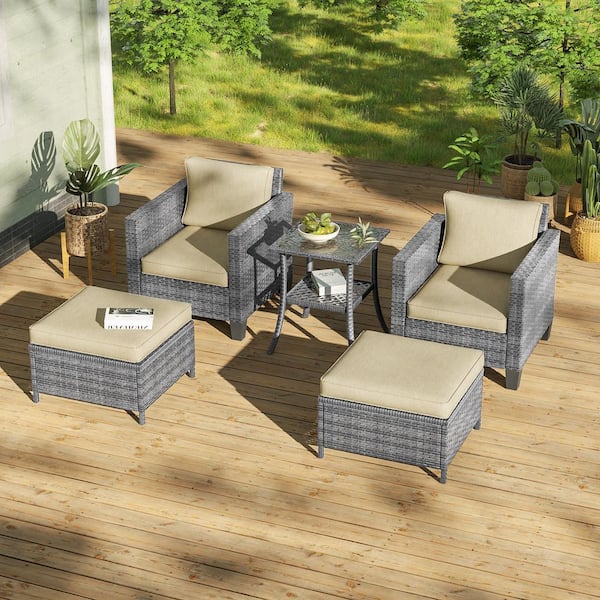 Sonkuki 5-Pieces Patio Conversation Set with Side Table, Outdoor Armchair and Ottomans Gray Wicker with Beige Cushions