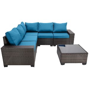 6-Piece Brown Wicker Outdoor Sectional Sofa Set with Peacock Blue Cushions for Garden, Backyard