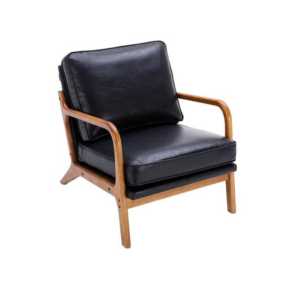 ATHMILE Black Mid-Century PU Leather Solid Wood Accent Chair with Removable Cushion (Set of 1)