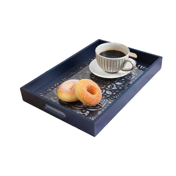 Unbranded Blue Wooden Serving Tray with Handles Decorative Tray for Coffee Table Kitchen Counter