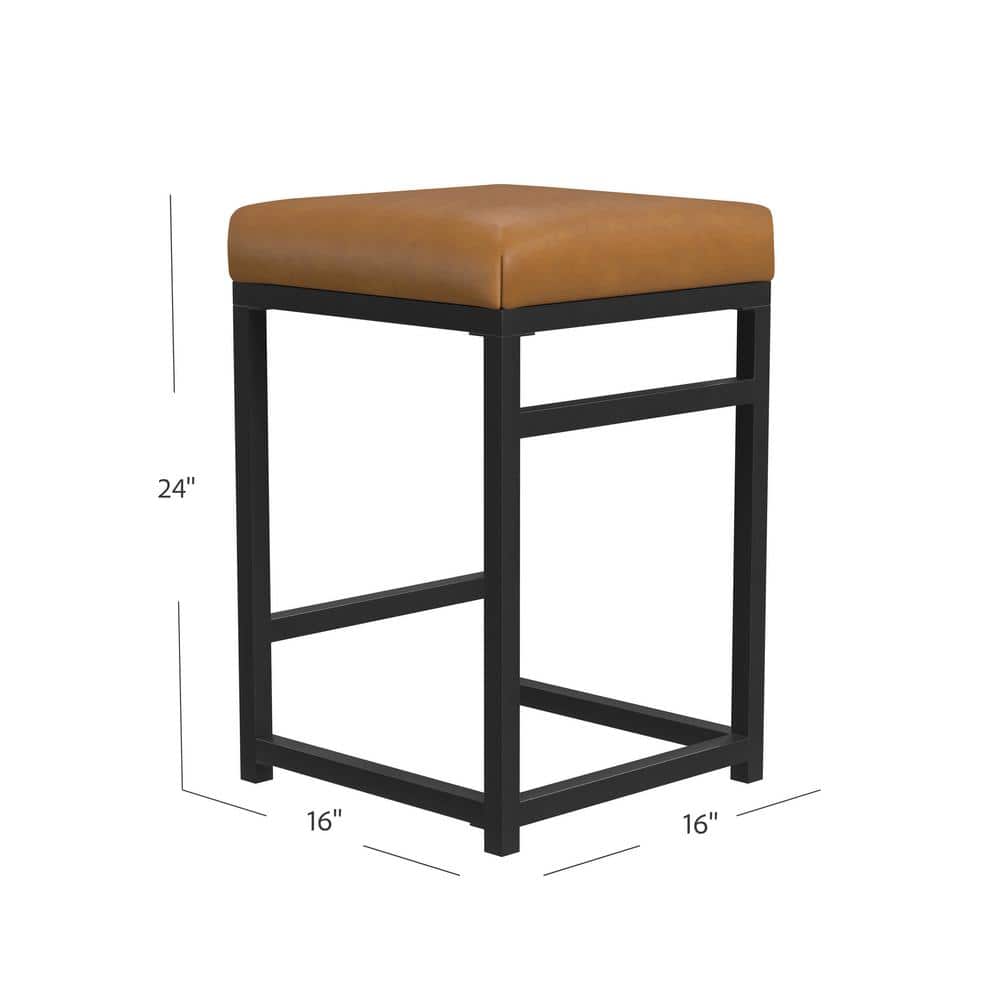 24" Black Metal Counter Height Stool with Carmel Faux Leather Seat