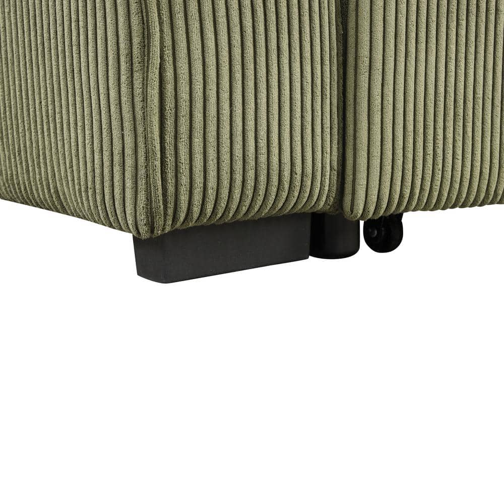 Green Corduroy Fabric Sectional Sofa with Storage Ottoman