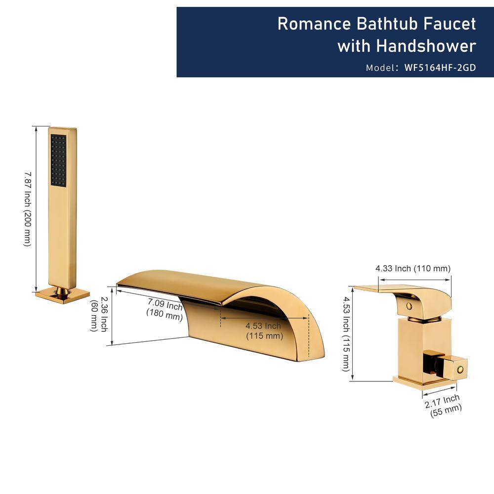 Gold Deck Mounted Waterfall Tub Faucet with Hand Shower