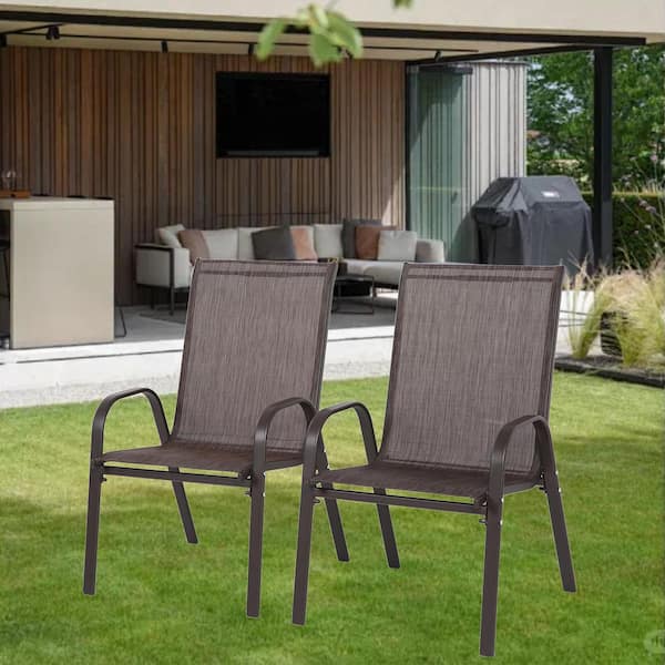 Otryad Steel Outdoor Dining Chair in Brown Set of 2, Patio Chairs with Breathable Textilene Fabric, Armrest High Backrest