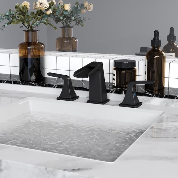 8 in. 2-Handle Widespread Waterfall Spout Bathroom Faucet with Pop-Up Drain Kit in Matte Black