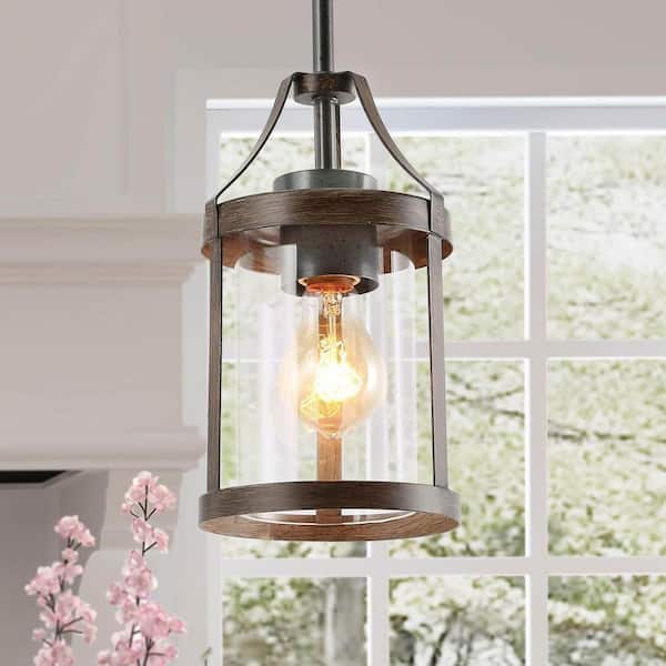 Modern Farmhouse Brown 6 in. W 1-Light Pendant Light Rust and Faux Wood Accent Pendant with Clear Glass Shade