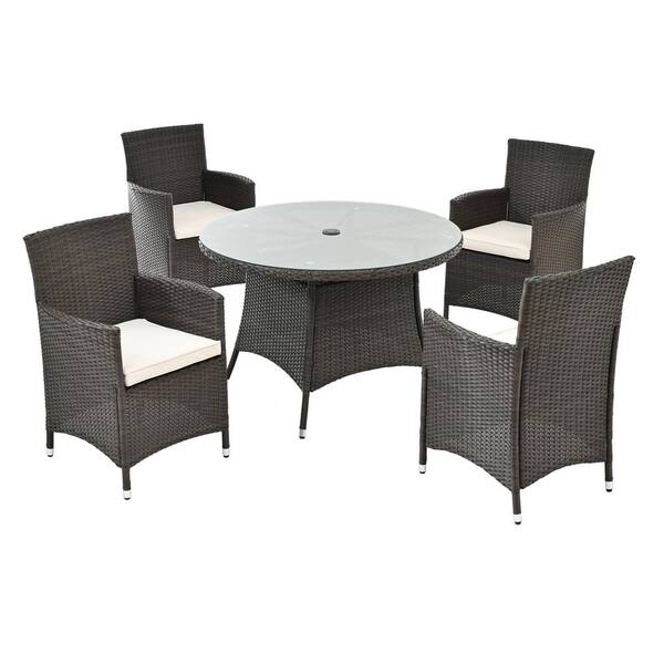 Unbranded 5-Piece Wicker Outdoor Dining Set, Patio Dining Table and Chairs with Beige Cushions, with Umbrella Cutout, for Porch