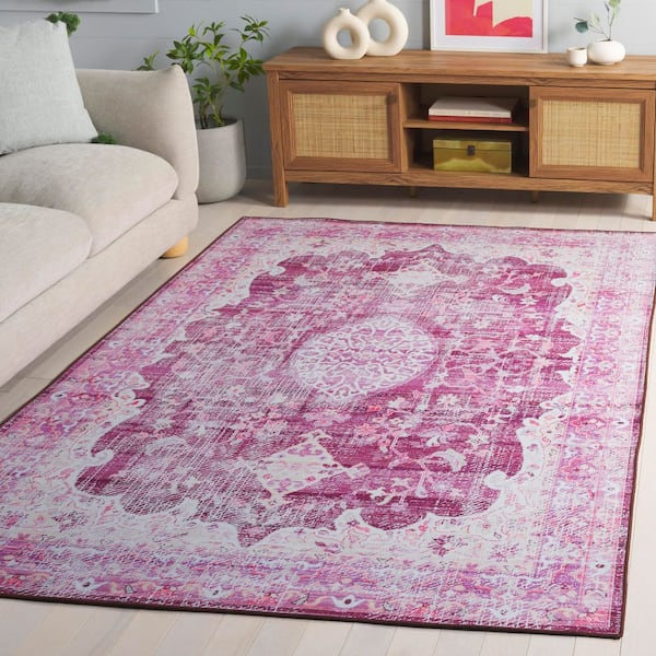 Tucson 6 ft. x 6 ft. Square Fuchsia/Purple Abstract Medallion Border Washable Area Rug