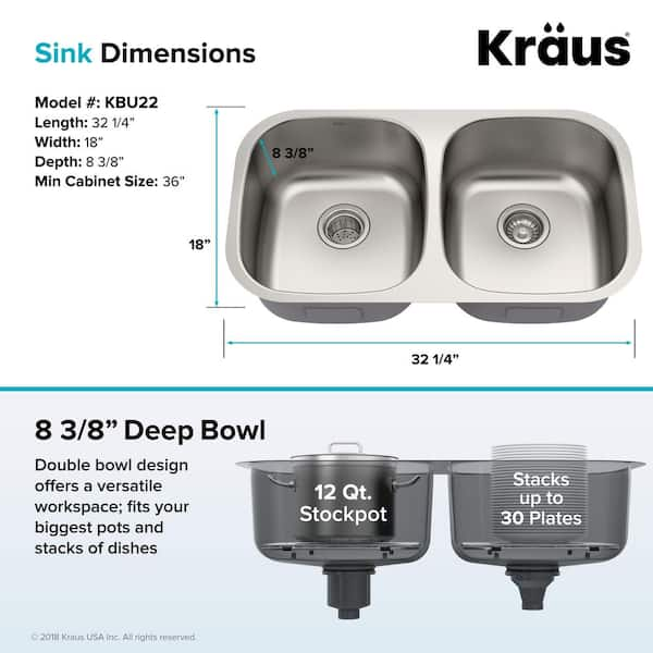 Kraus KBU32 Double Bowl Kitchen Sink with NoiseDefend™, Wear-Resistant  Finish, Low Divider and T304 Stainless Steel