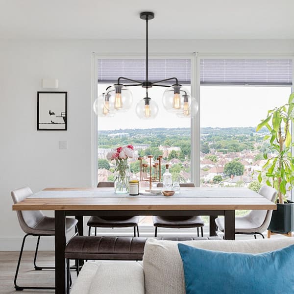 5-Light Black Unique Modern Glass Bubble Chandelier with Clear Glass Globe Shade (No Bulbs Included)
