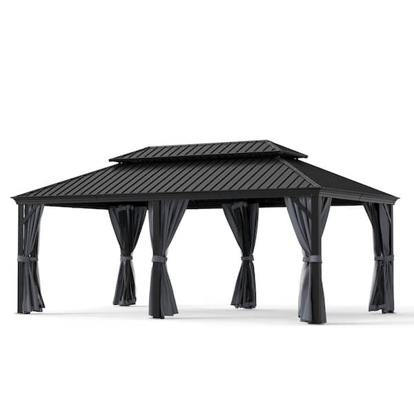 12 ft. x 20 ft. Double Roof Hardtop Aluminum Patio Gazebo with Netting and Gray Curtains