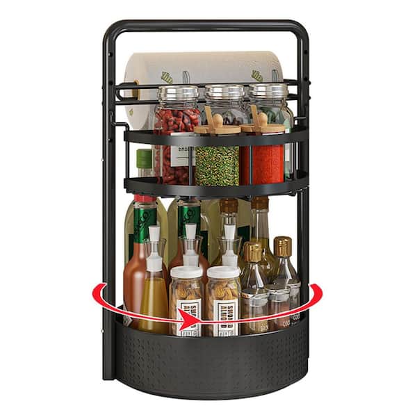 2-Tier Black Countertop Rotating Spice Rack with Paper Towel Holder Height Adjustable Metal Organizer