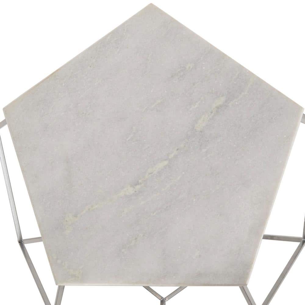 Transitional Hexagonal 18" Silver Stone & Metal Side Table