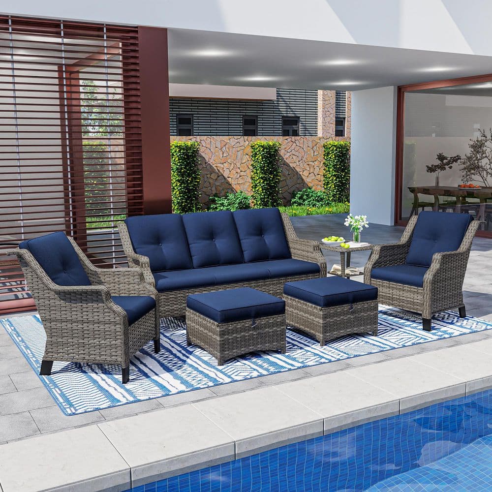 6-Piece Rattan Patio Sofa Conversation Set with Polyester Blue Cushions price history on PriceWatchPro