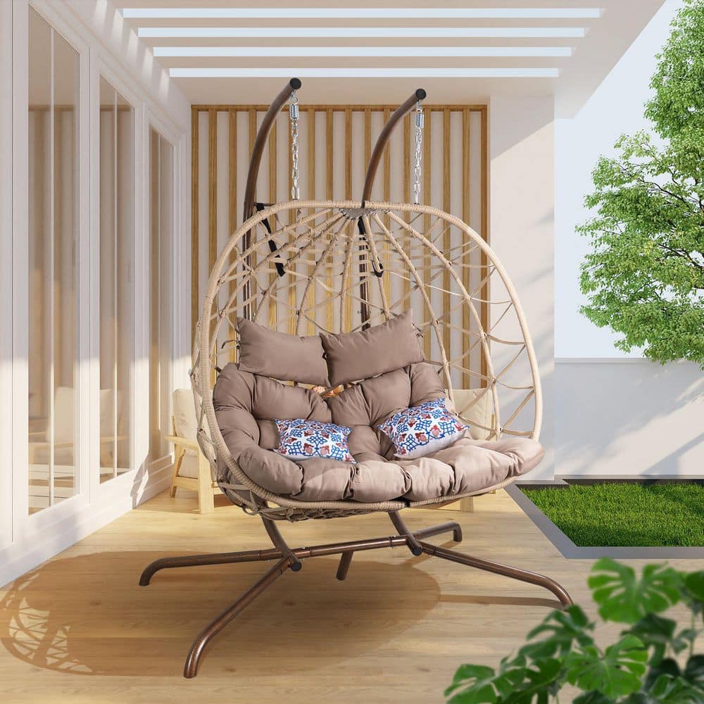 58.6 in. 2-Person Brown Metal Patio Swing with Stand and Cushions Outdoor Egg Swing Chair, Coffee Brown price history on PriceWatchPro