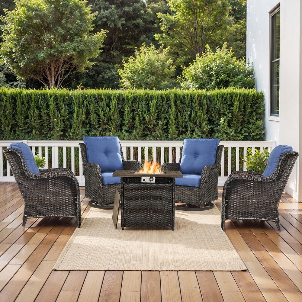 Arcline 5-Piece PE Brown Wicker Fire Pit Conversation Set with Olefin Blue Cushions and Swivel Glider and Lounge Chairs price history on PriceWatchPro