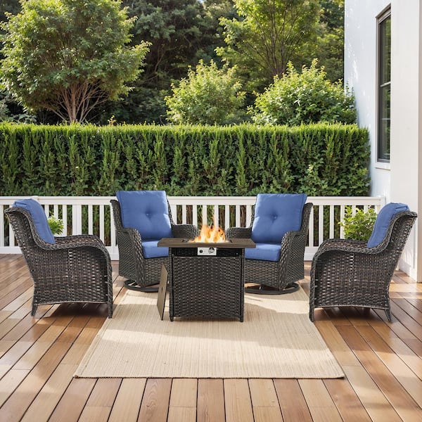 5-Piece PE Brown Wicker Fire Pit Conversation Set with Olefin Blue Cushions and Swivel Glider and Lounge Chairs