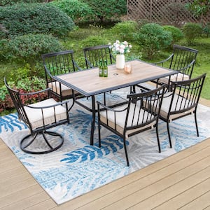Black 7-Piece Metal Patio Outdoor Dining Set with Swivel Stylish Arm Chairs with Beige Cushion