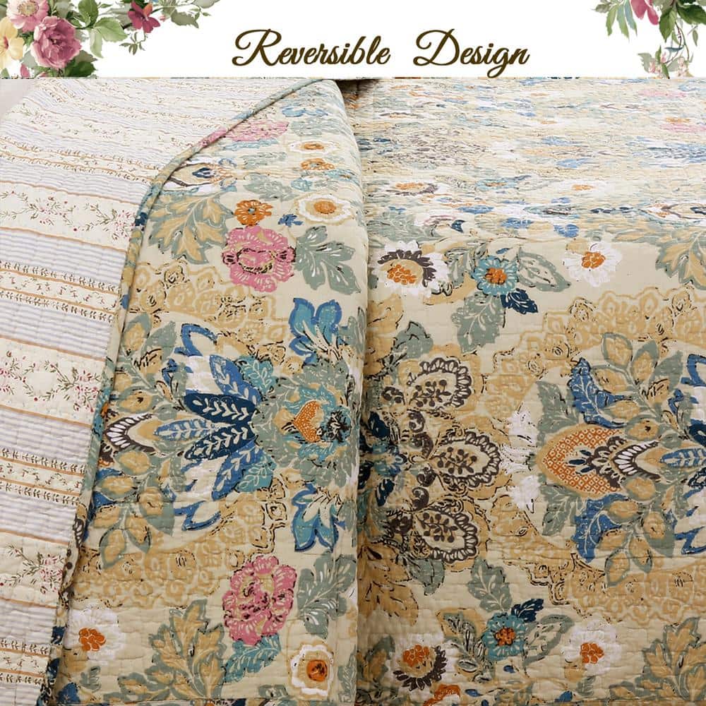 Vintage Floral Blue and Beige Cotton Reversible Queen Quilt Set