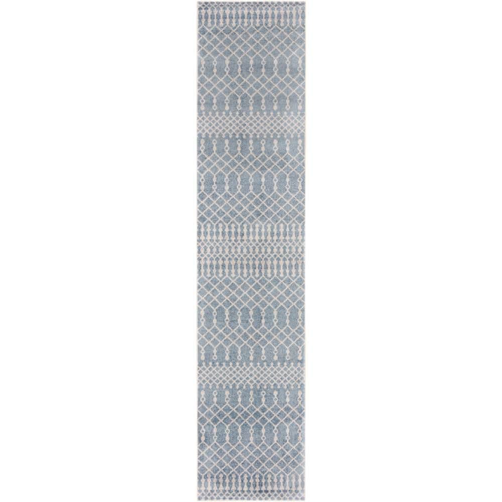 Astra Blue and Ivory Synthetic Trellis Runner Rug