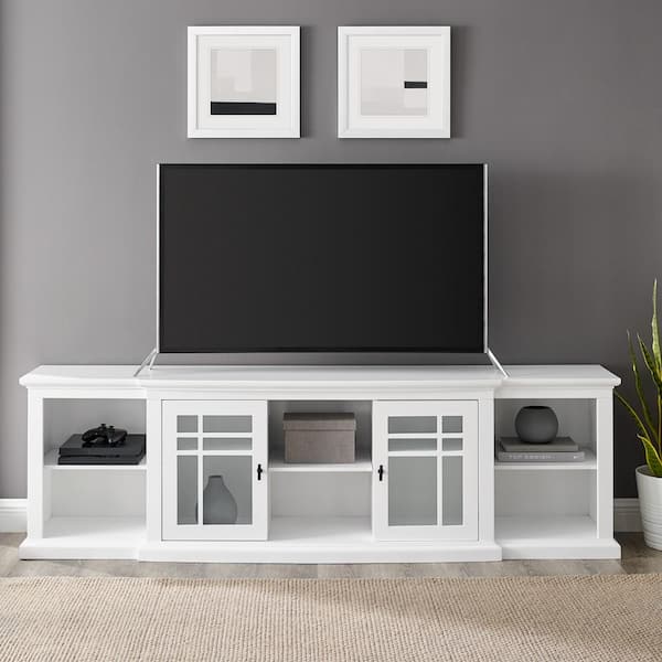 Welwick Designs 80 in. White Transitional Wood and Glass-Door TV Stand with Cable Management (Max tv size 88 in.)