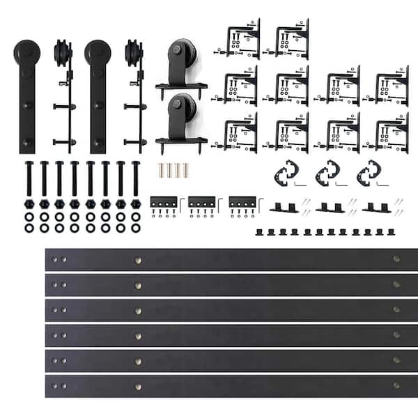 12 ft./144 in. Black Rustic Triple Track Bypass Sliding Barn Door Track and Hardware Kit for Triple Doors