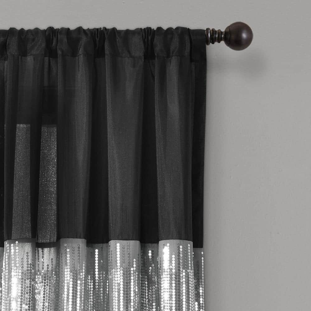 Black Faux Silk Light-Filtering Sequin Curtain Panel