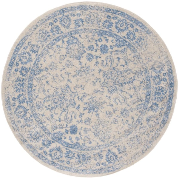 Adirondack Ivory/Light Blue 10 ft. x 10 ft. Border Distressed Round Area Rug