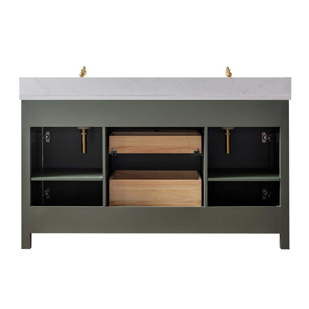 Vintage Green Solid Wood Double Vanity with Carrara White Top