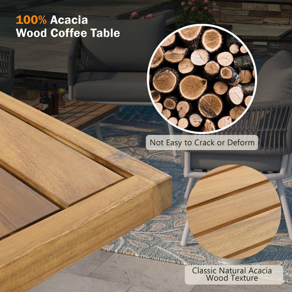 Gray Rope and White Iron Patio Furniture Set with Acacia Wood Table