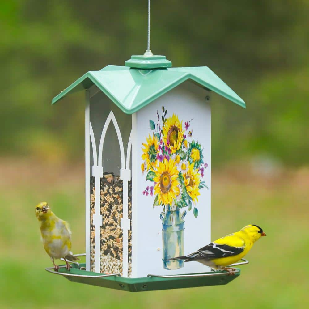 White and Green Metal Hanging Gazebo Bird Feeder with Floral Design