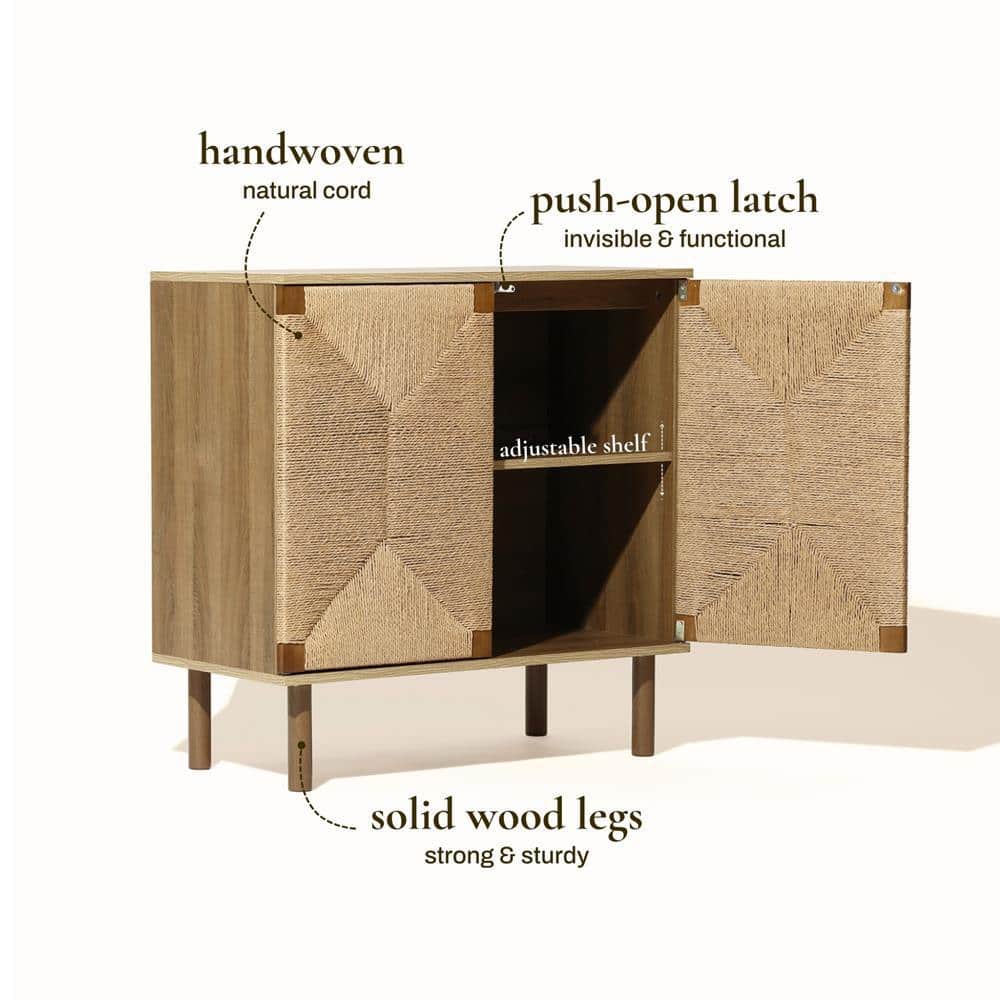 Brown Mid-Century Modern Jute 2-Door Cabinet with Adjustable Shelving