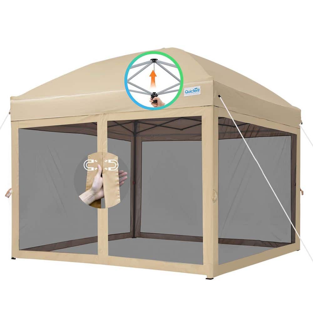 10 ft. x 10 ft. Tan Pop up Canopy with Netting,1-Person Instant Setup Scree