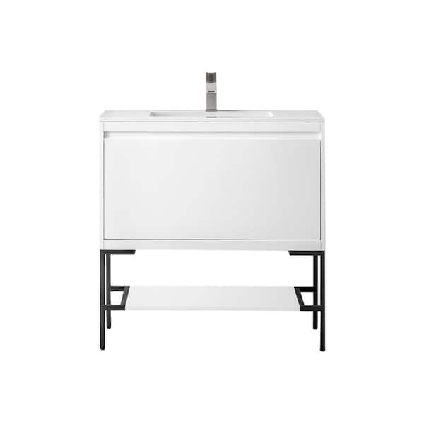 James Martin Vanities Mantova 35.4 in. W x 18.1 in. D x 36 in. H Single Vanity Glossy White and Glossy White Composite Stone Top