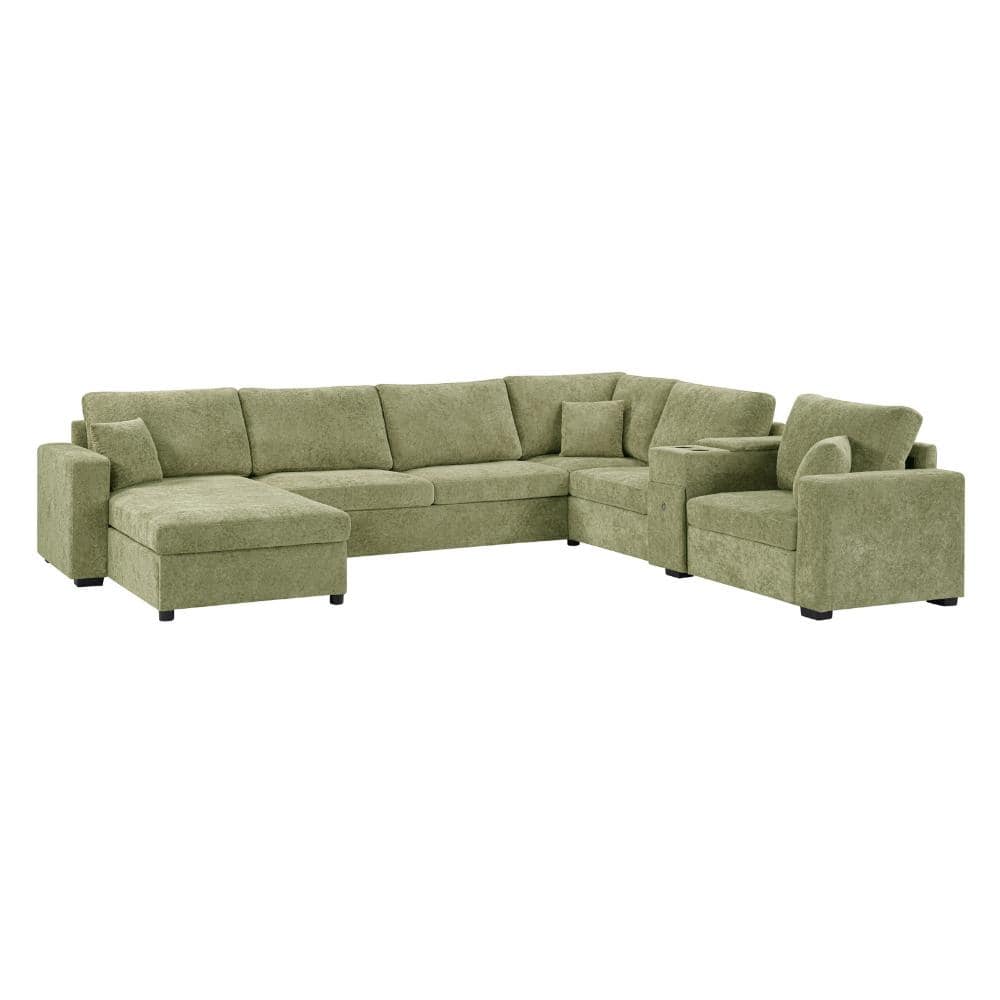 Modular 5-Seat U-Shape Sectional Sofa 134 in. Green Chenille Fabric with Cup Holders Storage Drawer Pillows